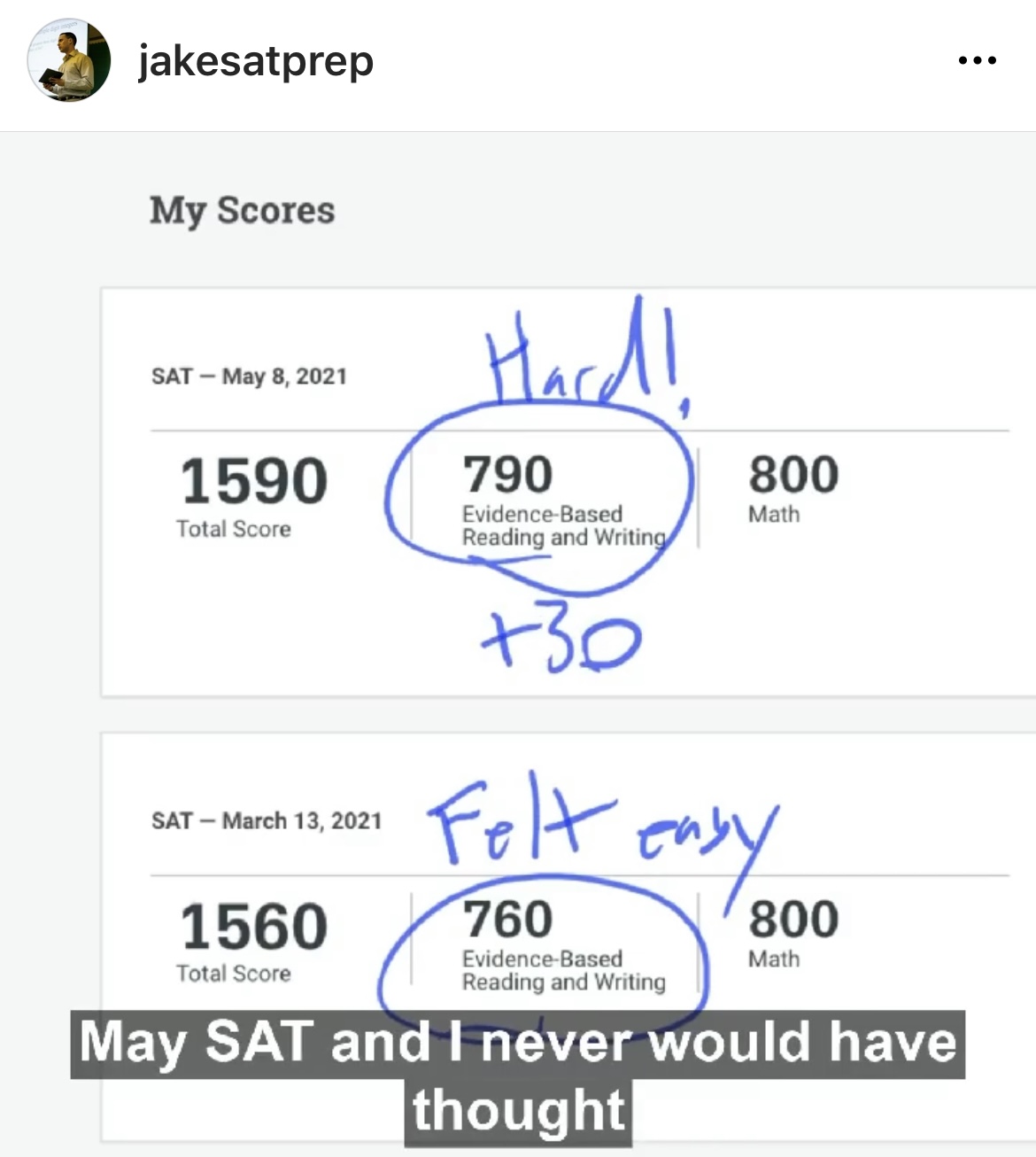 Jake SAT Prep instagram post May SAT